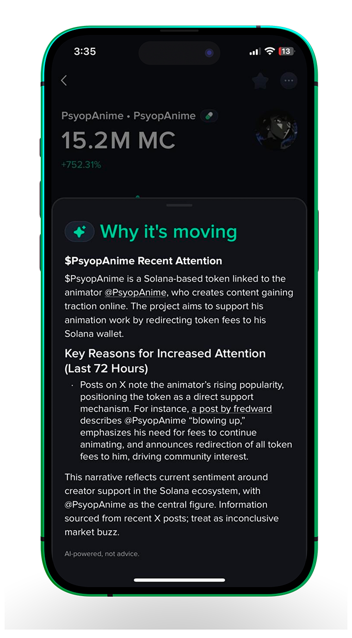 Moby AI-powered crypto trading insights screenshot