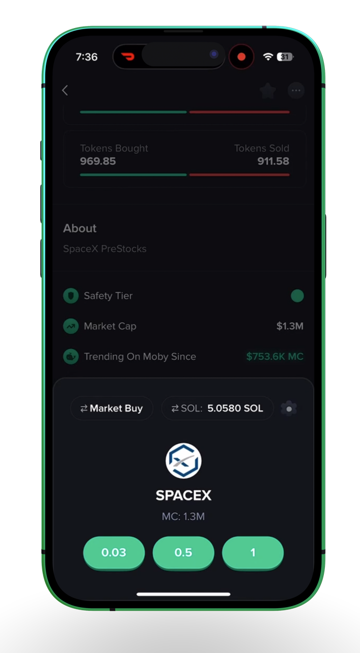 Moby fast Solana trading execution screenshot